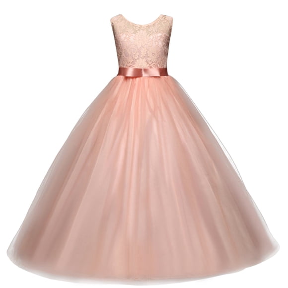 Robe de Princesse Sans Manches en Dentelle pour Grande Fille Robe Longue en Tulle Robe de Mariage pour Enfants Demoiselle d'Honneur Robe de Concours Formelle Rose 6-7 Ans