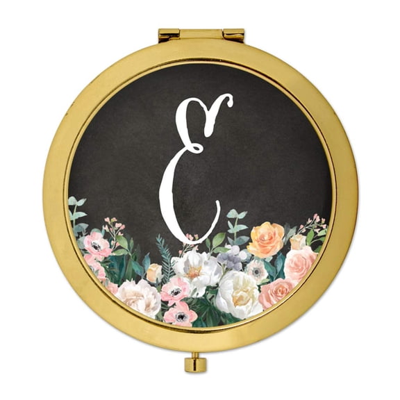 Koyal Wholesale Gold Compact Mirror Bridesmaid's Wedding Gift, Peach Flower Florals on Chalkboard, Monogram Letter E