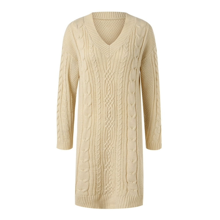 Fgnfyis Ediodpoh Women V Neck Long Sleeve Cable Knit Sweater Dress Loose Oversized Sweater Dresses Pullover for Women Beige L, Women's, Size: Large