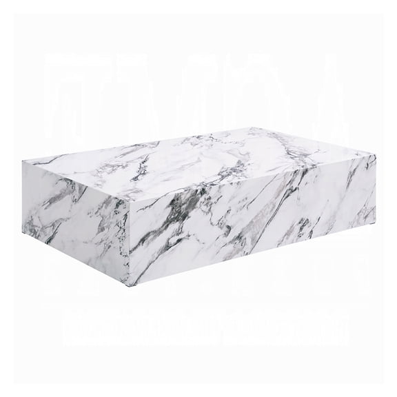 Ritzy Coffee Table, Modern Plinth, White Gray Faux Stone, 48 Inch