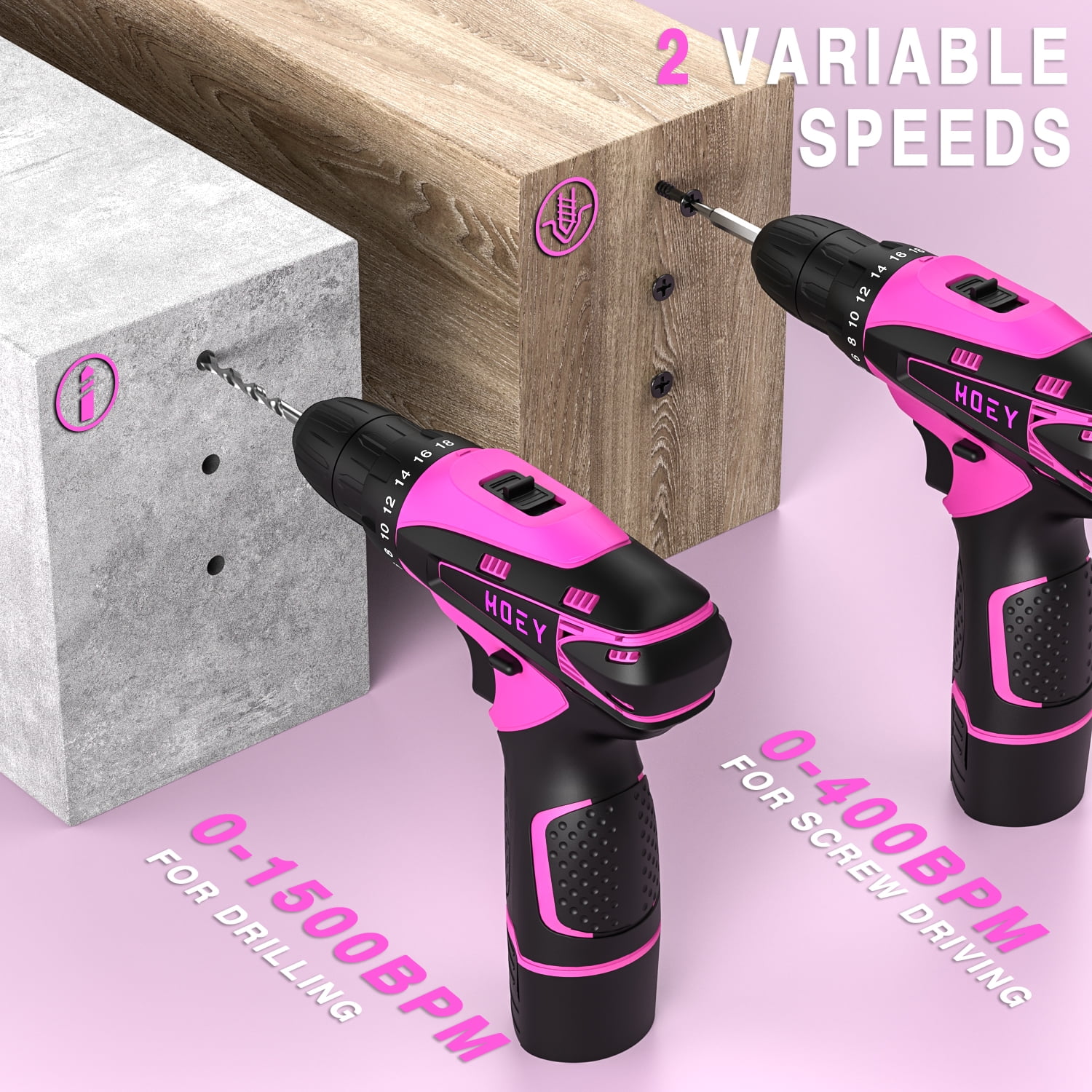 Pink Cordless Drill Set, 12V Power Drill Set Electric Screwdriver Driver Tool Kit for Women, 3/8" Keyless Chuck 1 Battery & Charger with Storage bag
