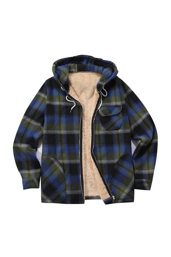 Men's Flannel Shirt Jacket Fleece Lined Plaid Coat Full Zip Up/Buttons Hoodie Winter Outwear,Mens Sherpa Lined Zipper/Button Down Hooded Plaid Shirt Jacket