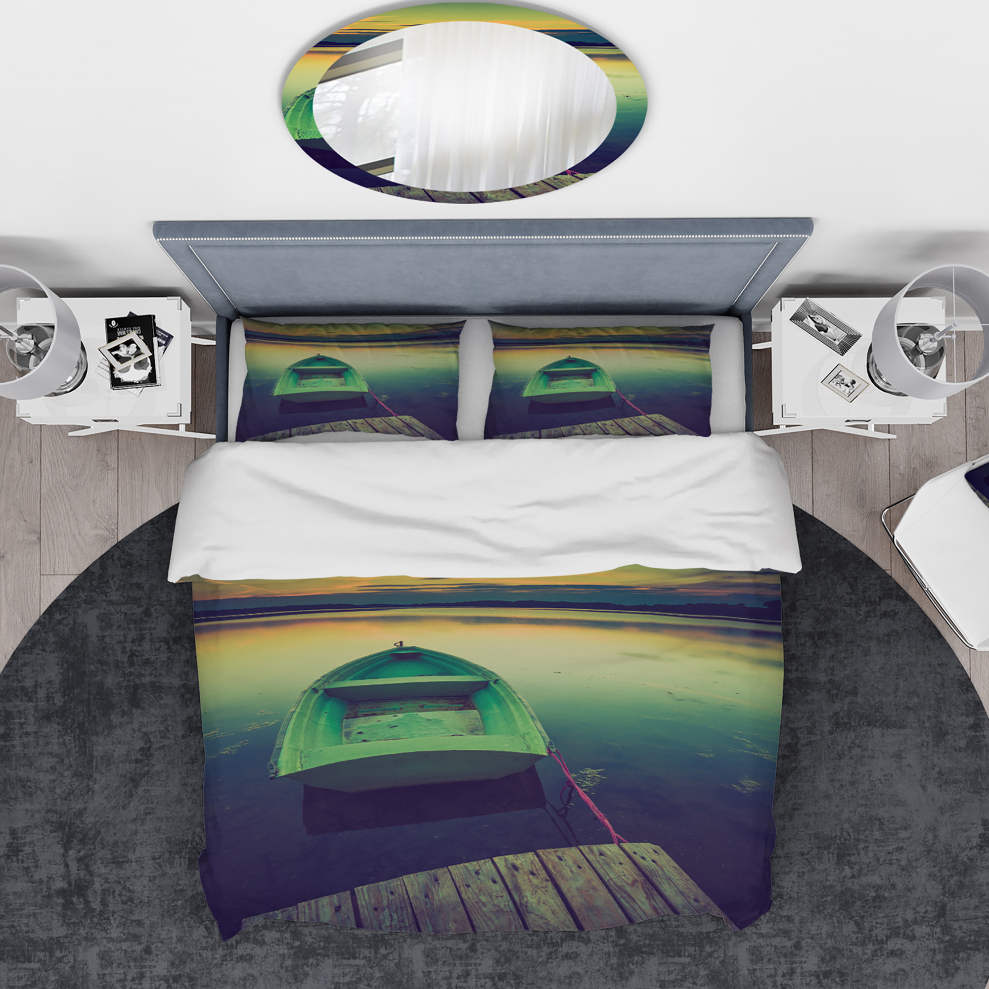 Designart 'Boat and Wooden Pier in Lake' Traditional Duvet Cover Set