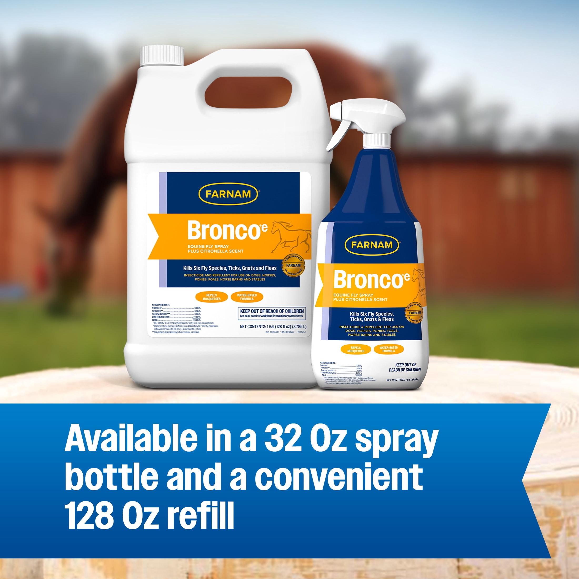 (4 pack) Farnam Bronco e Horse Fly Spray with Citronella for Horses, Dogs & Premises, Refill, 128 fl oz