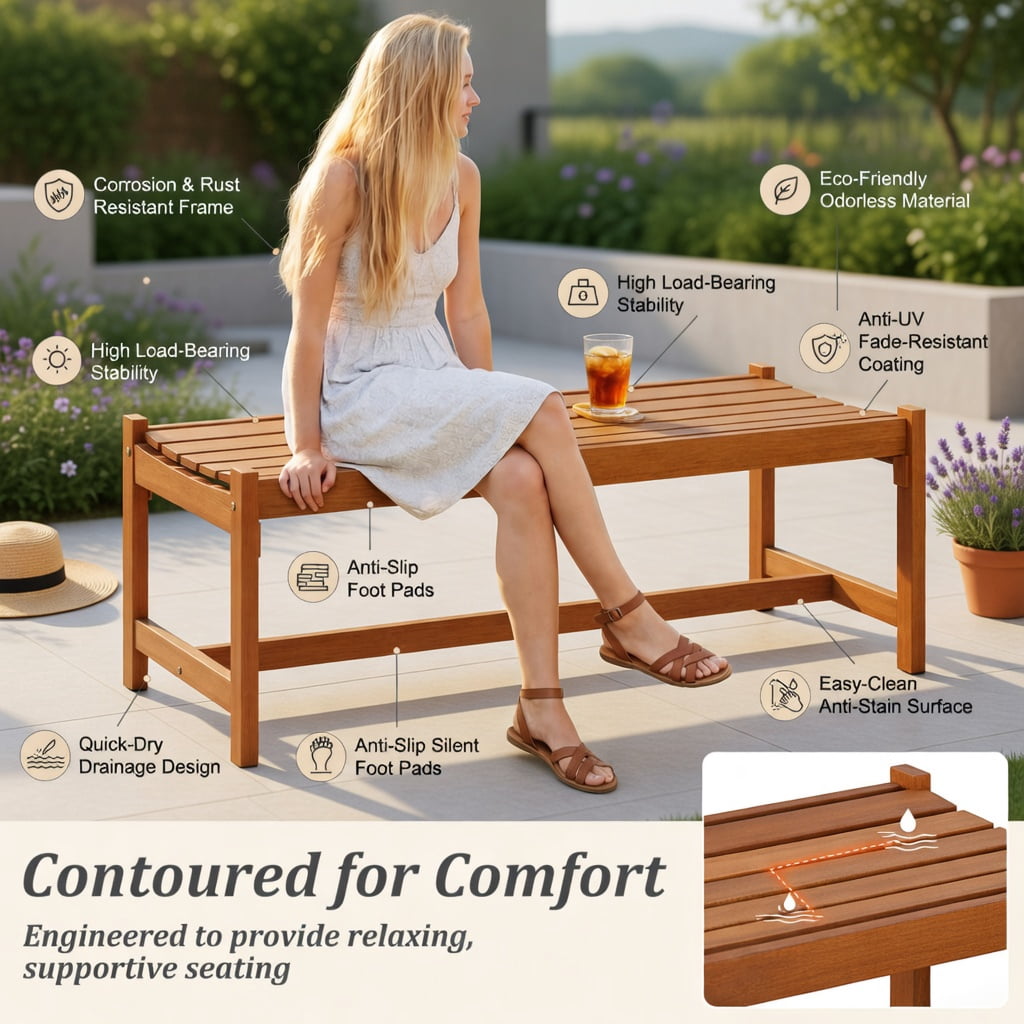 Hommoo 44" Outdoor Solid Hardwood Patio Bench, Teak Oil Finish, Ergonomic Slatted Seat, Easy Assembly, Natural