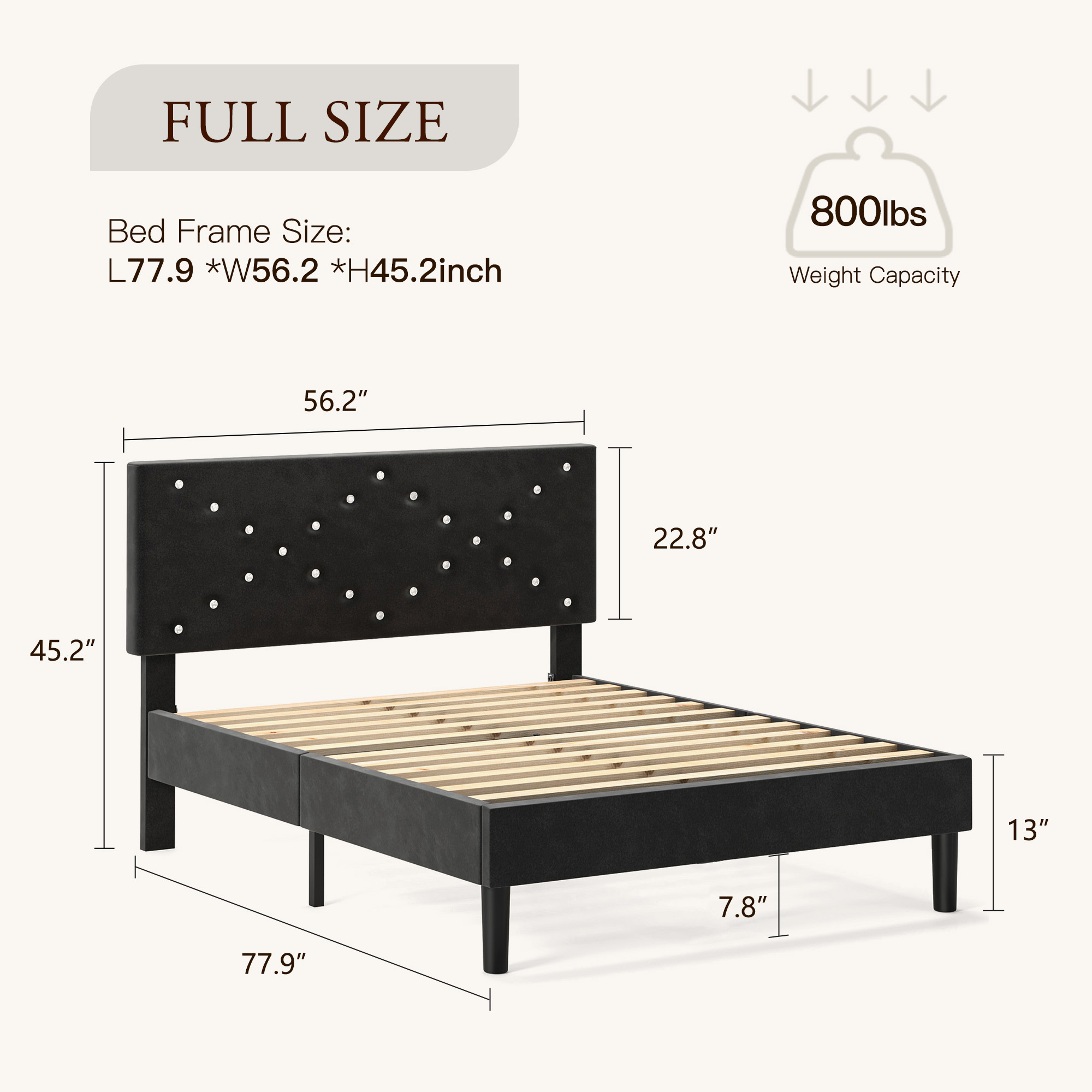 Full Size Bed Frame with Upholstered Headboard, Non-Slip and Noise-Free/Wooden Slats Support/No Box Spring Needed/Easy Assembly, Black
