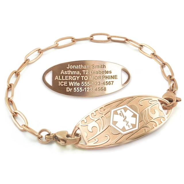 MedicEngraved Rose Gold Stainless Steel Custom Medical Alert Bracelet - 4mm Paperclip Link