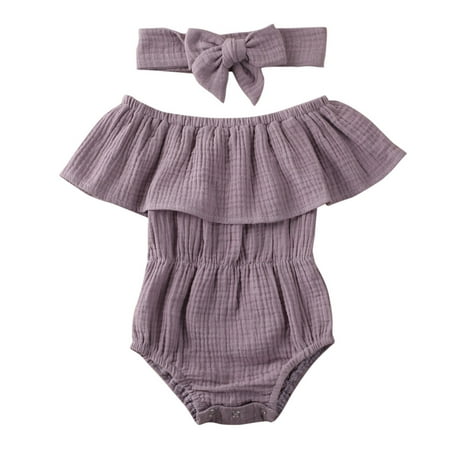 

One opening Newborn Baby Girls Short Sleeve Solid Romper Jumpsuit Clothing with Headband