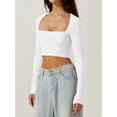 thumbnail image 2 of Women'S Square Neck Long Sleeve Double Lined Slim Fitted Casual Basic Crop Top White M, 2 of 5