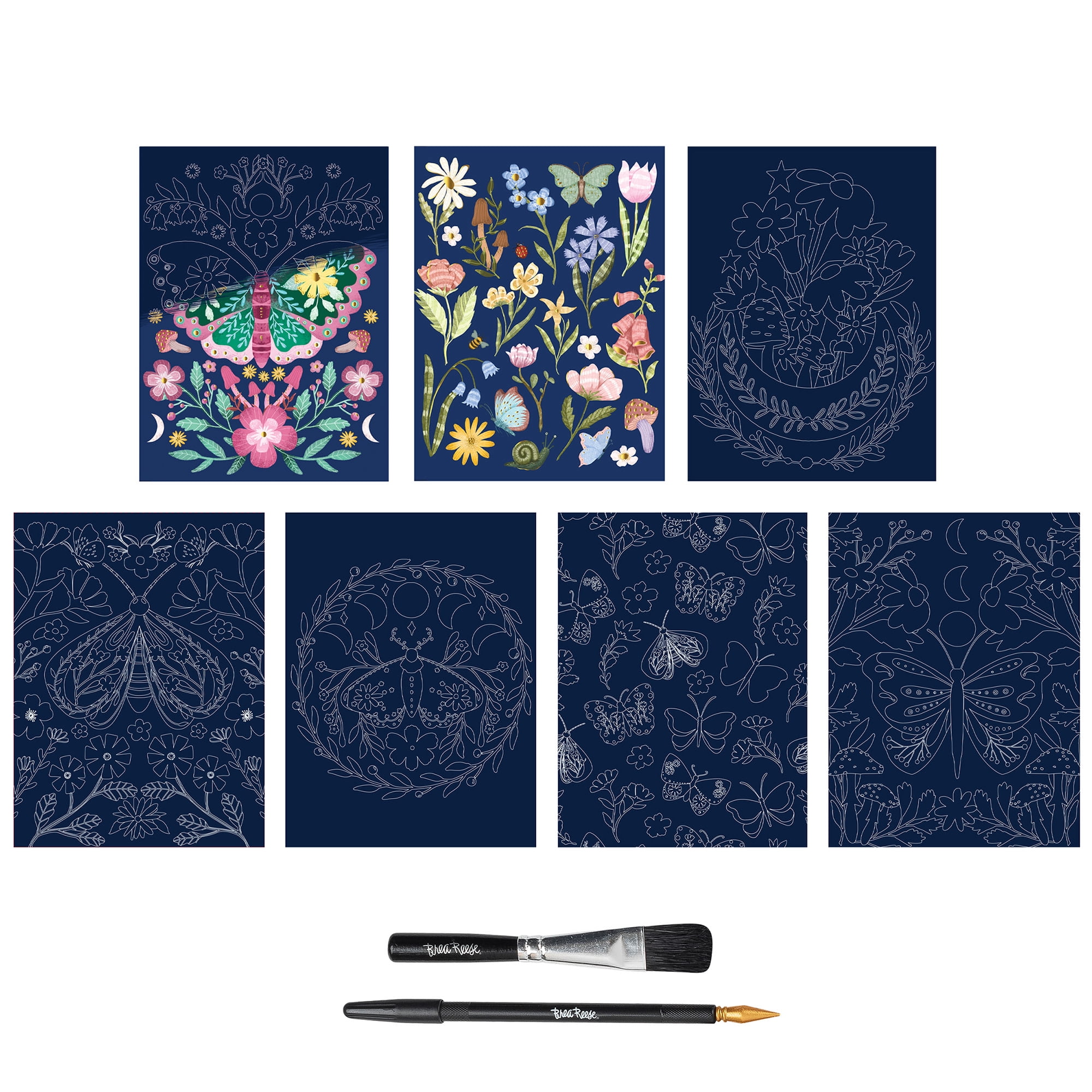 Brea Reese: Scratch Art Paper Pad - Spring Garden - 2 Each of 7 Designs, Metallic Foil, Dual-Tip Stylus & Brush, Easy-to-Frame 6x8 Pages, Adult Craft
