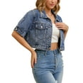 thumbnail image 4 of INSPIRE CHIC Women's Denim Cropped Short Sleeve Button Up Frayed Washed Jean Jacket S Blue, 4 of 6