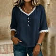 thumbnail image 3 of Otntypg Womens Linen Tops Elbow Length Sleeve Lace Trim Button V Neck T-shirt Dressy Casual Work Blouses Summer Outfits Beach Vacation Tunic Tees Shirt Navy M, 3 of 7