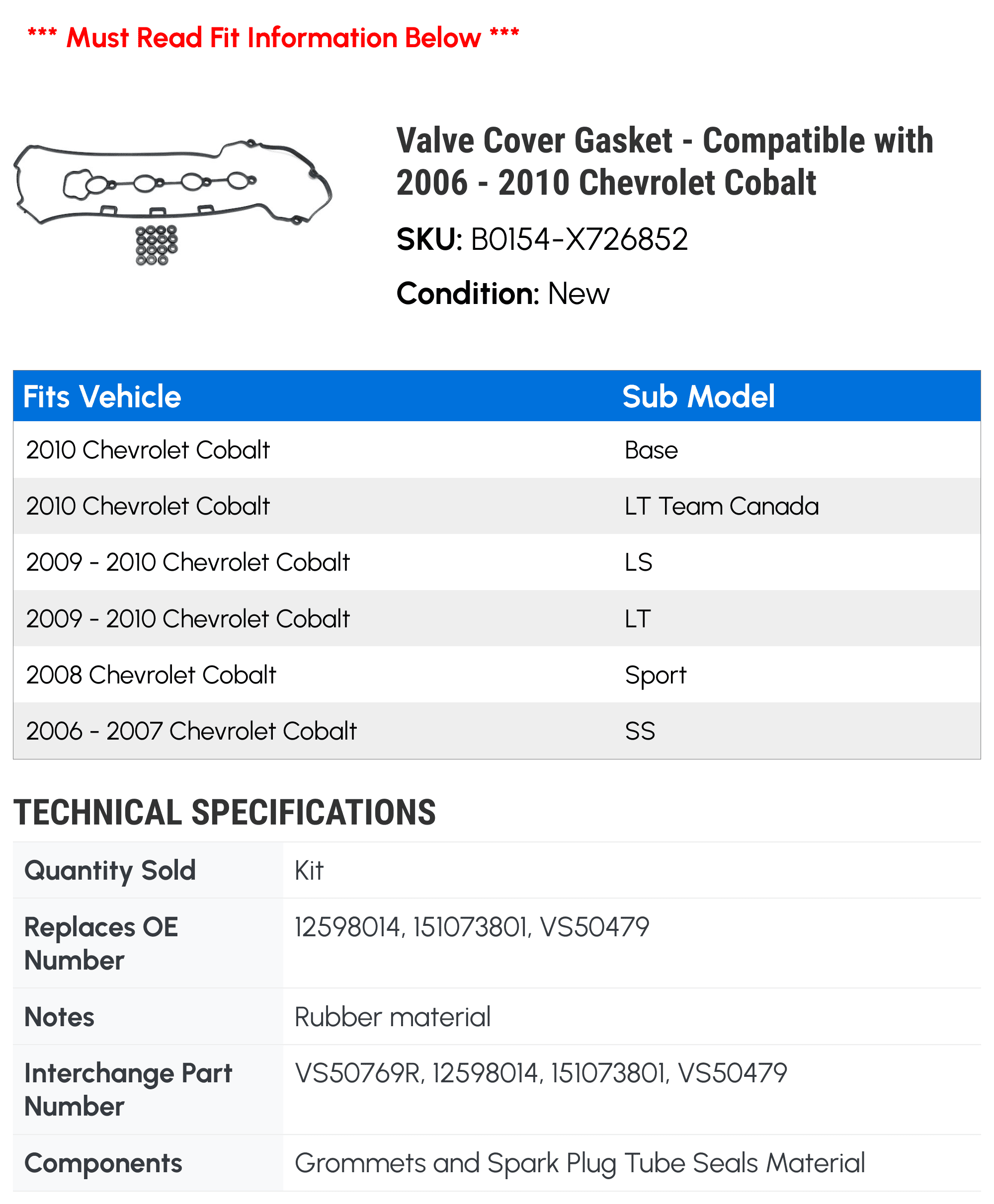 Valve Cover Gasket - Compatible with 2006 - 2010 Chevy Cobalt 2007 2008 2009