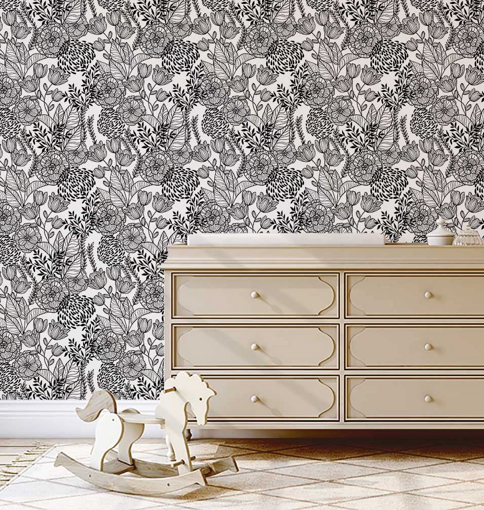 S4Sassy Peel and Stick Wall Covering, Floral Garden Wallpaper Removable Wallwrap - Black Textured Instant Wall Mural for Bedroom, Bathroom, Laundry Room, Closet Interior (25"x360" inch)