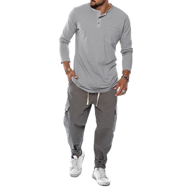 TRKIYQC Camisa Casual para Hombre Otoño Ajuste Suelto Manga Larga Cuello Henley Tops Color Sólido Botones Camiseta TRKIYQC moda