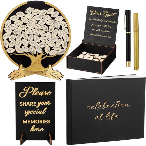 Celebration of Life Decorations Wooden Funeral Guest Book Set for Memorial Service Loving Memory Guestbook Share a Memory or Words of Love Cards Pen Table Sign(Black and Gold)