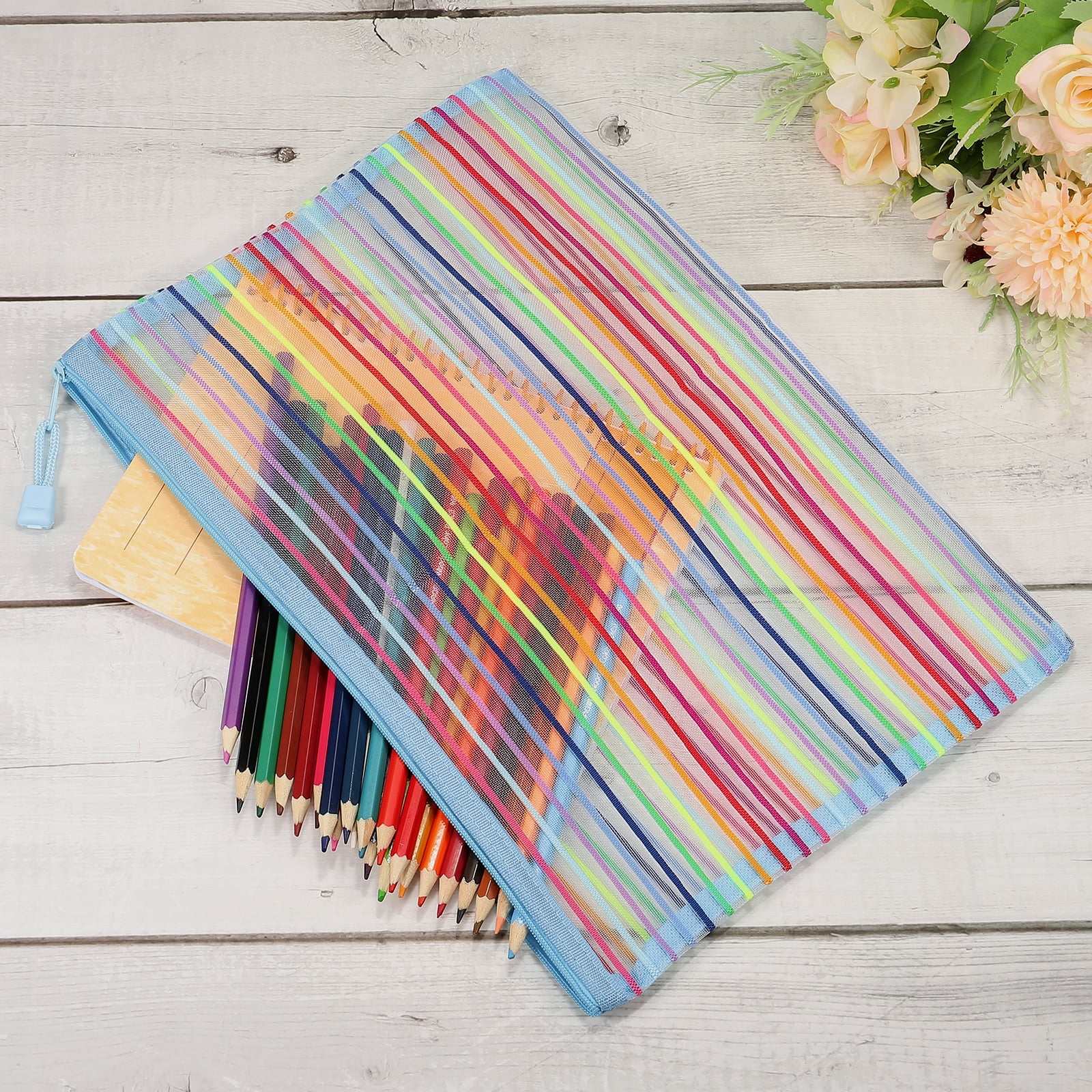 Unique Bargains Mesh Zipper Pouches Pencil Case Document File Bags Organizer for Office Sky Blue