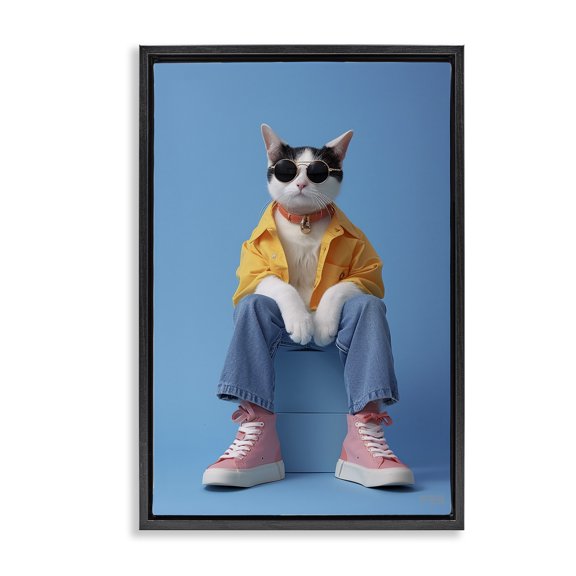 Stupell Industries Contemporary Urban Fashion Cat Black Floating Frame Canvas Art, 17 x 25, by RB