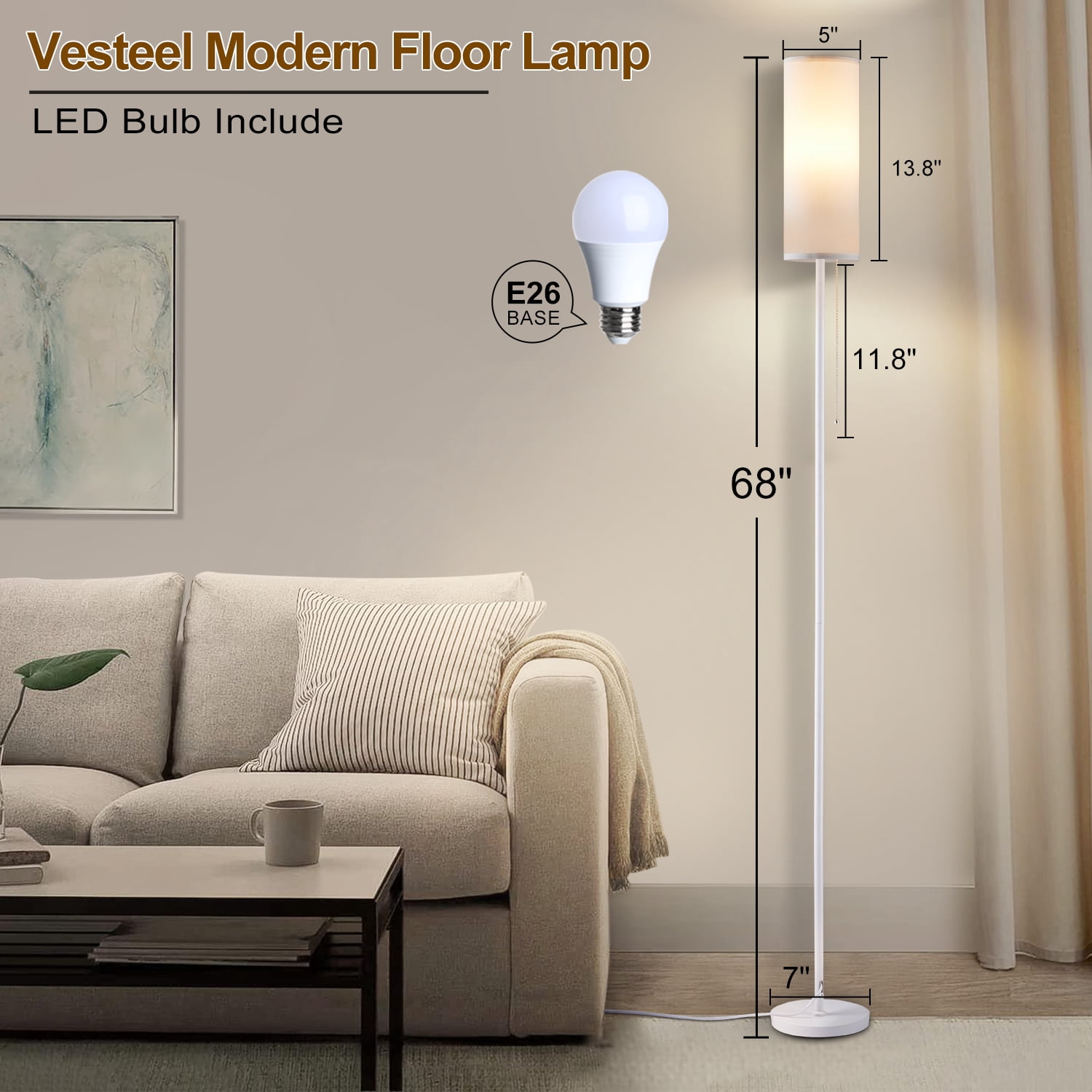 Vesteel Floor Lamp for Living Room, Modern Standing Lamp with 3 Color Temperatures & Lampshade, Pole Lamp for Bedroom Living Room Office, White