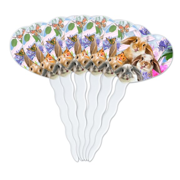 Rabbits Bunnies Hampster Backyard Flower Selfie Heart Love Cupcake Picks Toppers Decoration Set of 6