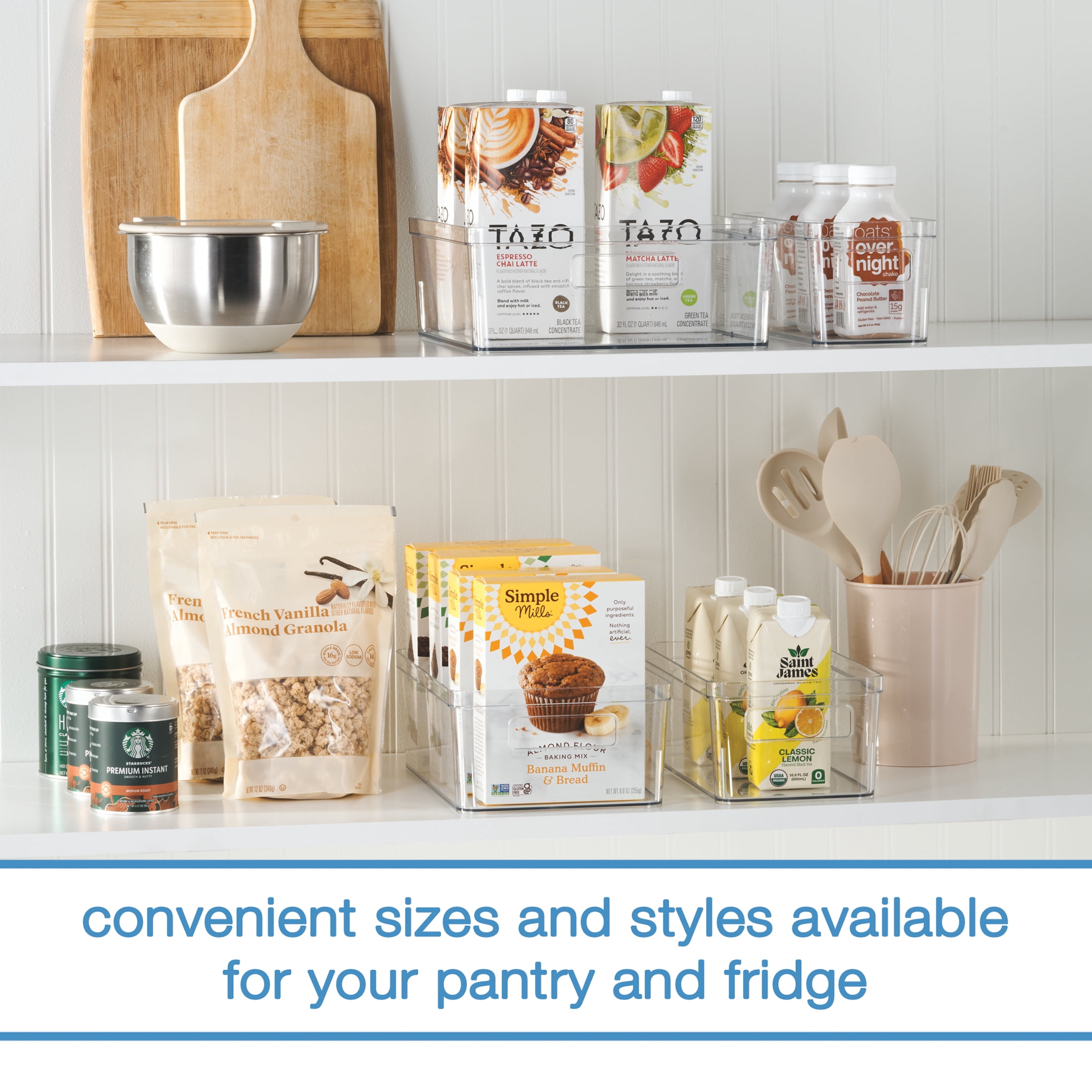 Mainstays Clear Plastic Pantry Organizer Bin for Kitchen Cabinet and Fridge, Large 12" x 7.5" x 4", with Handles
