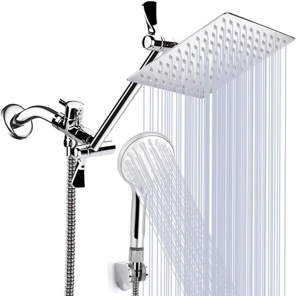 Shower Head with Hose, 8'' High Pressure Rain Shower Head, Handheld Shower Head Combo with 11'' Extension Arm, 9 Spray Settings Adjustable Shower Head with Holder, Height/Angle Adjustable, Chrome