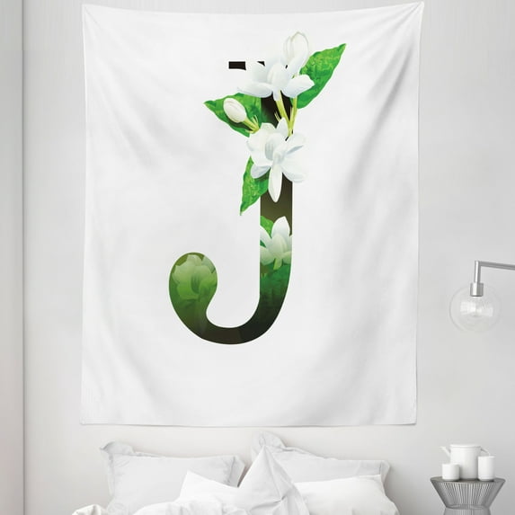 Letter J Tapestry, Abstract Floral Arrangement J Silhouette and Jasmine Blossoms ABC Concept, Fabric Wall Hanging Decor for Bedroom Living Room Dorm, 5 Sizes, Green White Black, by Ambesonne