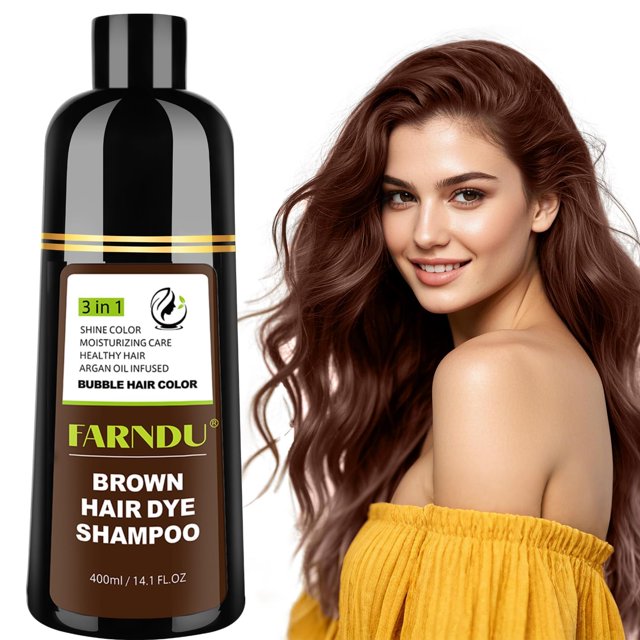 champú colorante para el cabello farndu castaño marrón castaño 3 en 1 con cobertura gris — botella negra de 400 ml con etiqueta marrón y verde que muestra '3 in 1' y 'Brown Hair Dye Shampoo', junto a una modelo de perfil 3/4 con cabello largo y ondulado en tono castaño marrón; vista del envase y fondo blanco, indicado para cobertura de canas según especificaciones y a menudo usado para retoques en casa.