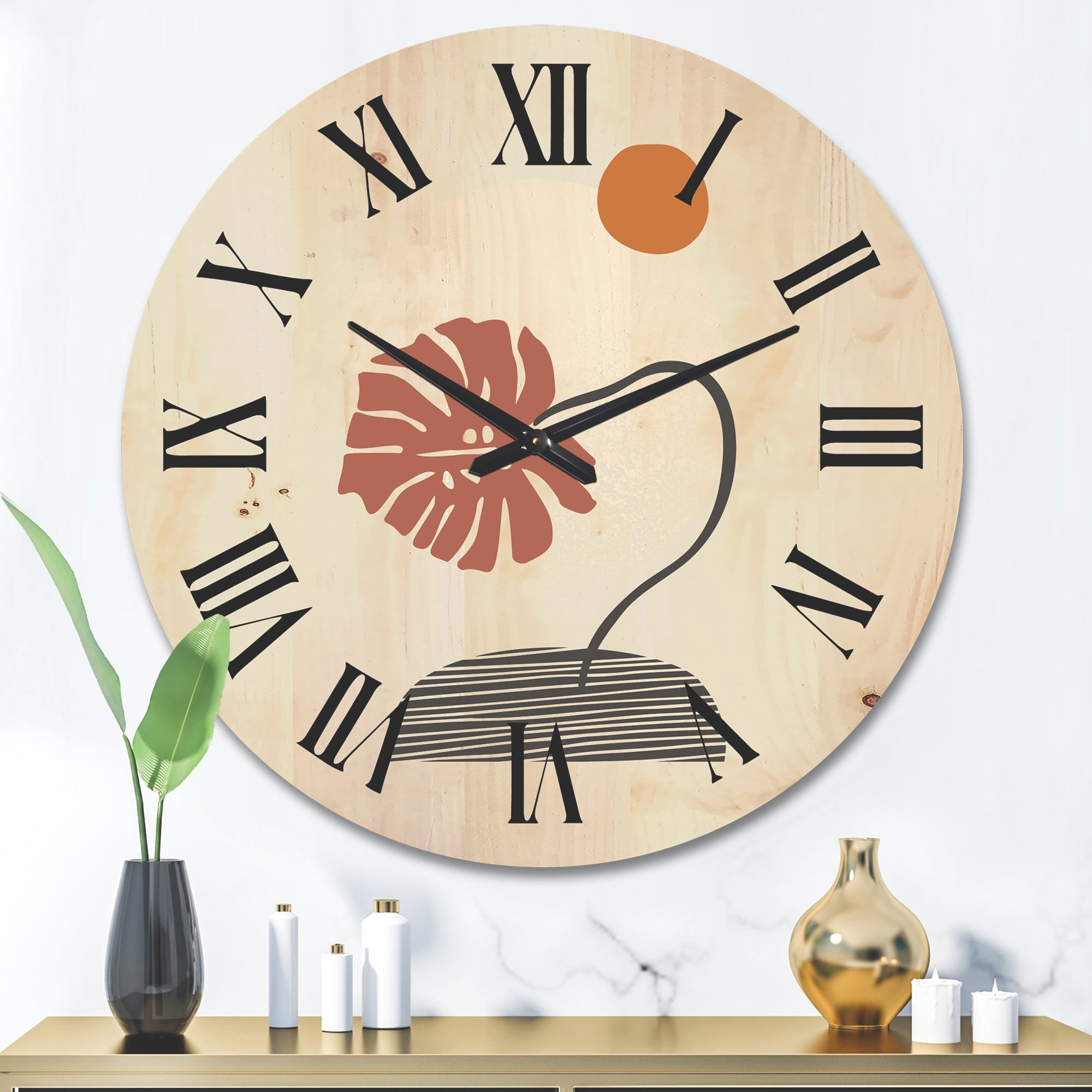 Designart 'Abstract Geometry Shapes and Tropical Palm Leaf III' Modern Wood Wall Clock