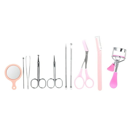 Grooming Kit Tweezer - 10pcs/set Eyebrow Tools Kit Tweezers Trimmer Scissors Razor Eyelash Curler Mirror Earpick Acne Pin Extractor