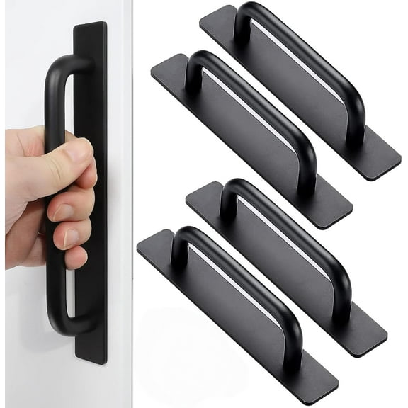 4Pcs Door Handles Self-Adhesive, Black Aluminium Allo Adhesive Door Handle for Home Use Doors Cabinets Furniture Kitchen Bathroom
