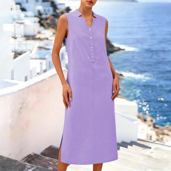 Dxzfnsa Womens Summer Maxi Dresses Women's Cotton Linen Drawstring Tank Sundresses Casual V Neck Sleeveless Boho Flowy Beach Dresses