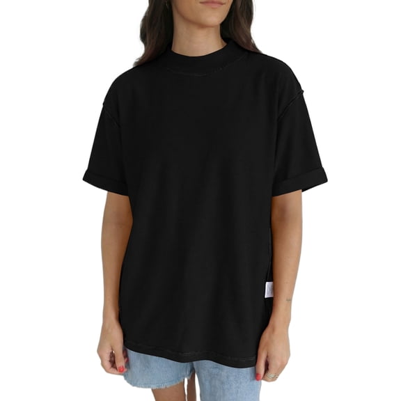 Women's Oversized High Neck T-Shirt – Casual Solid Black Mock Neck Tee for Daily Wear, XL