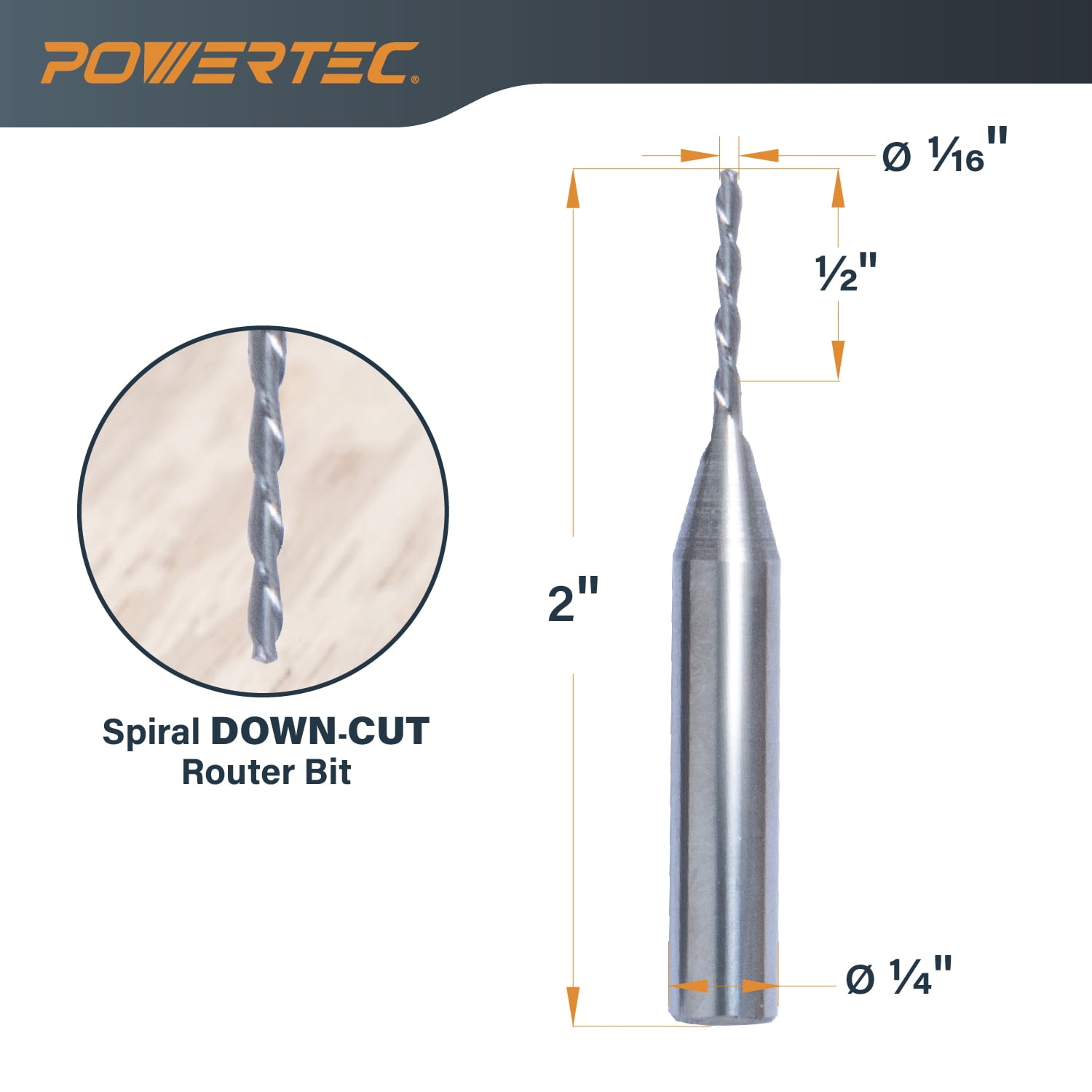 POWERTEC Down Cut Spiral 1/16" Router Bit, 1/4" Shank Tungsten Carbide Router Bit with 1/2" Cutting Length & 2" Long. Fits CNC Router, Handheld Router, Router Table & Plunge Router, 4 PK, 73038-P4