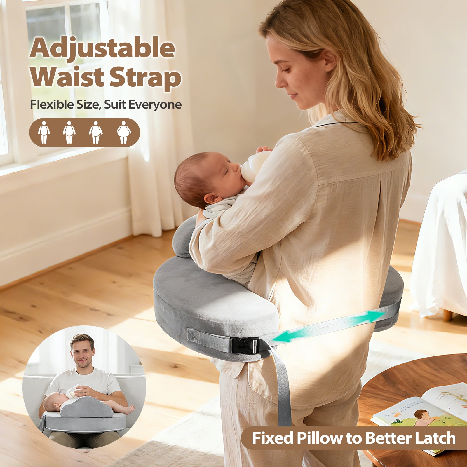 ACGROW Nursing Pillow - Memory Foam Bottle & Breastfeeding Pillow with Safety Fence - Ergonomic Support, with Wider Breast Feeding Cushion, Adjustable, Removable Cover, Baby Safety Certified Gray