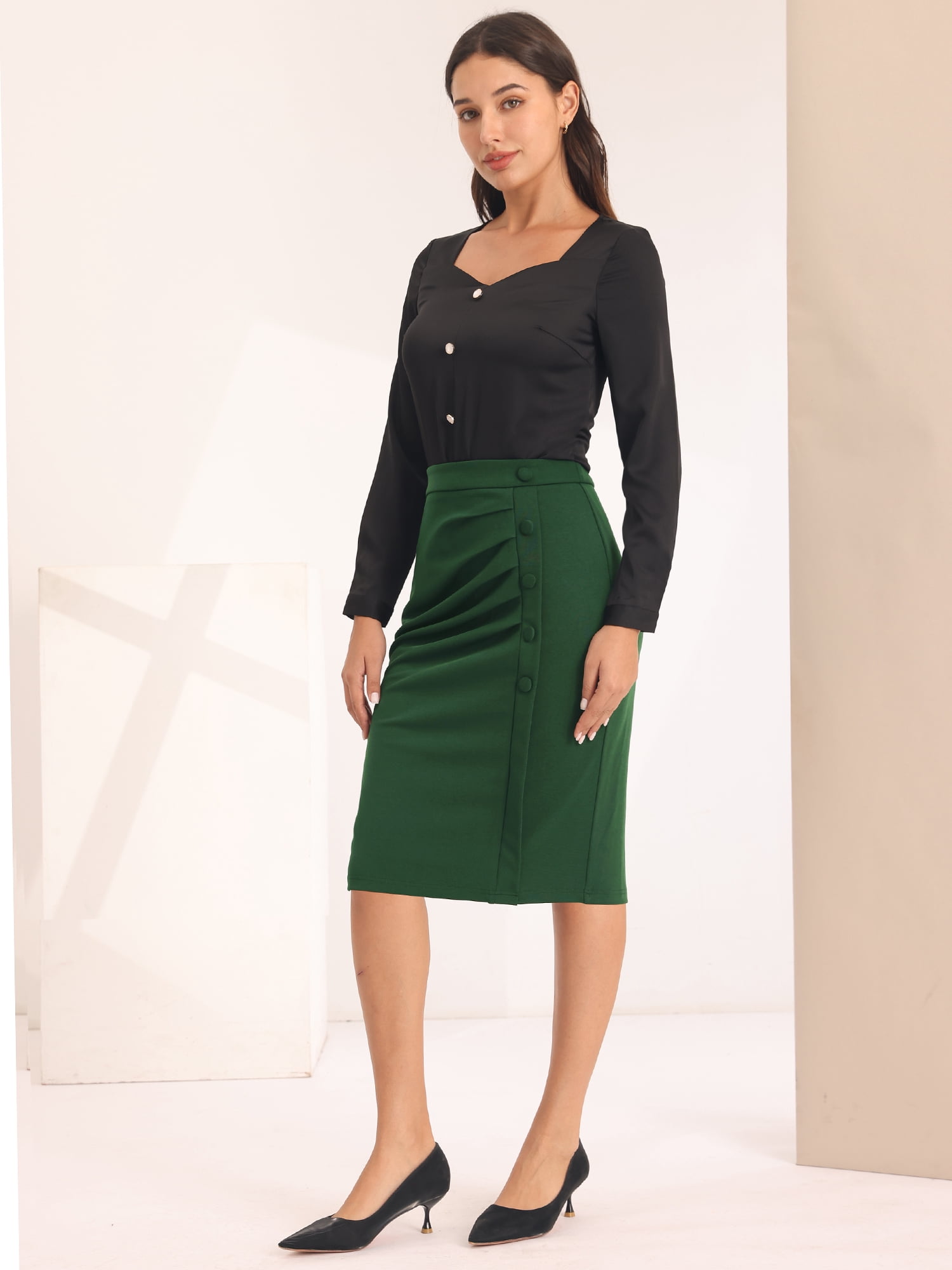 DARING DIVA Women's High Waist Ruched Bodycon  Leisure Midi Pencil Skirt 2XL Dark Green