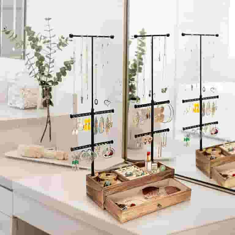 Sfugno Wooden Jewelry Organizer, Double Rods, Tier Stand Holder
