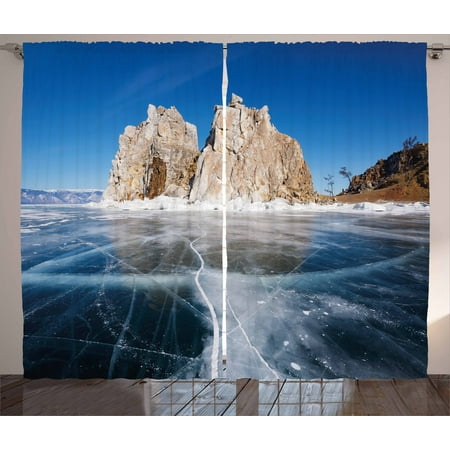 Winter Curtains 2 Panels Set, Frozen Lake Baikal in Siberia Icicles Scenic Nature Structure Cold Climate, Window Drapes for Living Room Bedroom, 108W X 84L Inches, Blue Caramel White, by (Best Windows For Cold Climates)