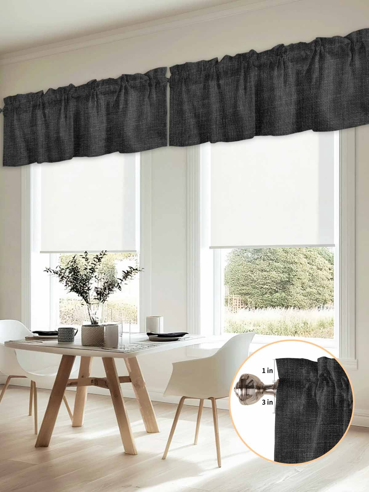 2 Panels Black Valance for Windows, Farmhouse Burlap Solid Black Color Modern Linen Texture Light Filtering Kitchen Curtains, Rod Pocket Window Treatment Curtain Valances for Living Room, 60"x18"