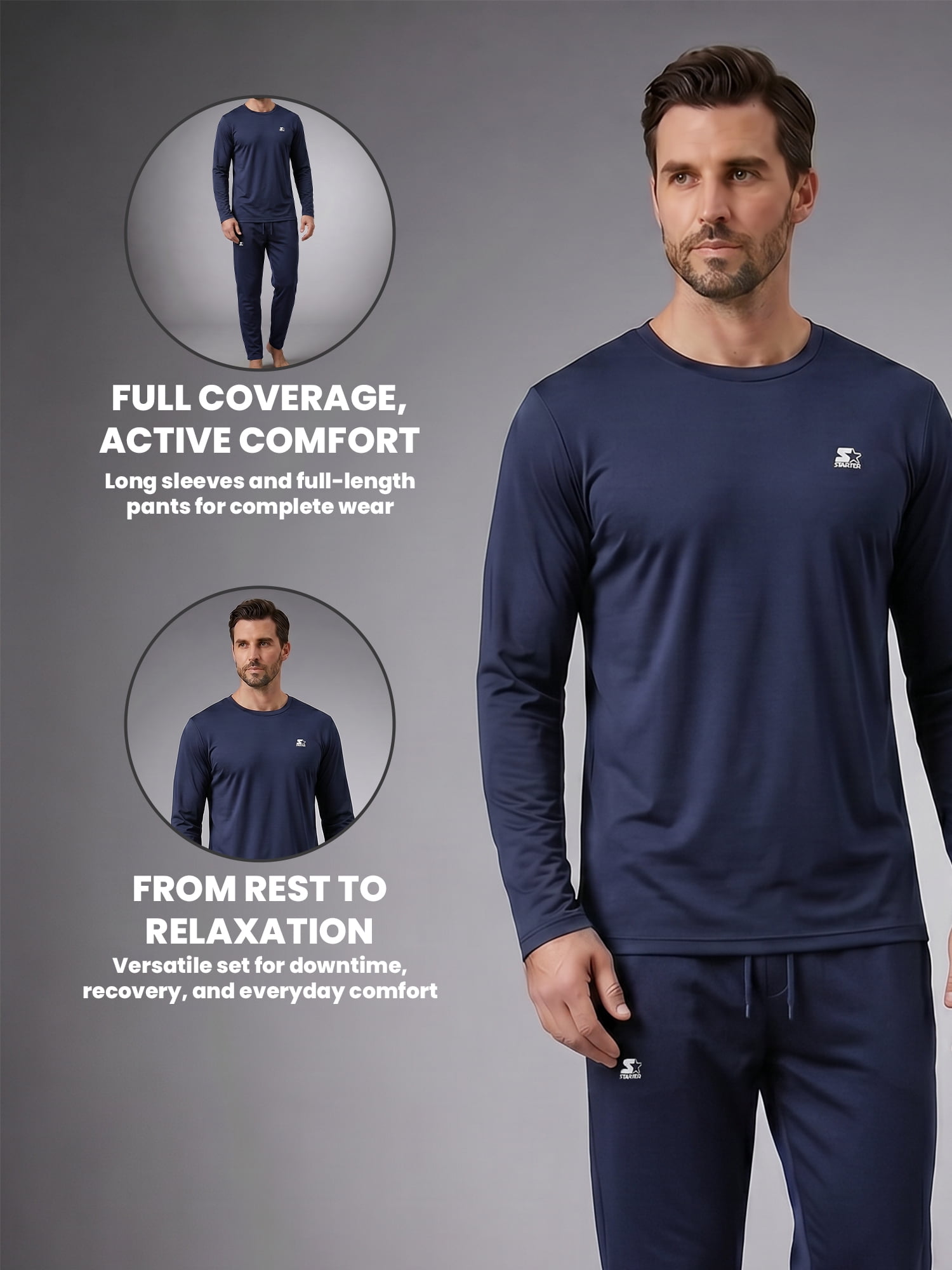 Starter Men's Pajamas 2-Piece Super Soft Long Sleeve Top and Pant Set, Navy, XL