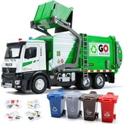 Ludolm 12'' Electric Garbage Truck Set with Front Loader/Metal Cab, Friction-Powered Recycling Vehicle with Dumpster, 4 Trash Bins & Sorting Cards, Trash Truck Toy with Lights/Sounds