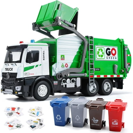 Ludolm 12'' Electric Garbage Truck Set with Front Loader/Metal Cab, Friction-Powered Recycling Vehicle with Dumpster, 4 Trash Bins & Sorting Cards, Trash Truck Toy with Lights/Sounds