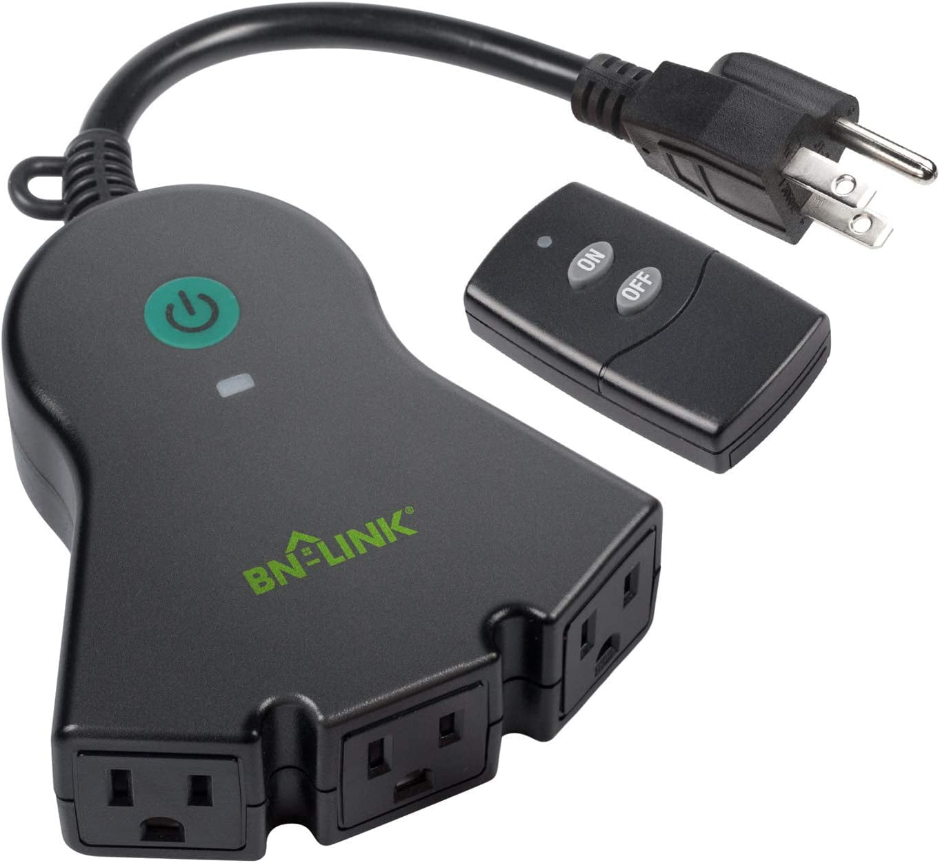 Bn-Link Outdoor Indoor Wireless Remote Control 3-Prong Outlet Weather Proof Heavy Duty 15 Amp Compact (Black) 3 Grounded Outlets With Remote 6-Inch Cord 100Ft Range Etl Listed (Battery Included)