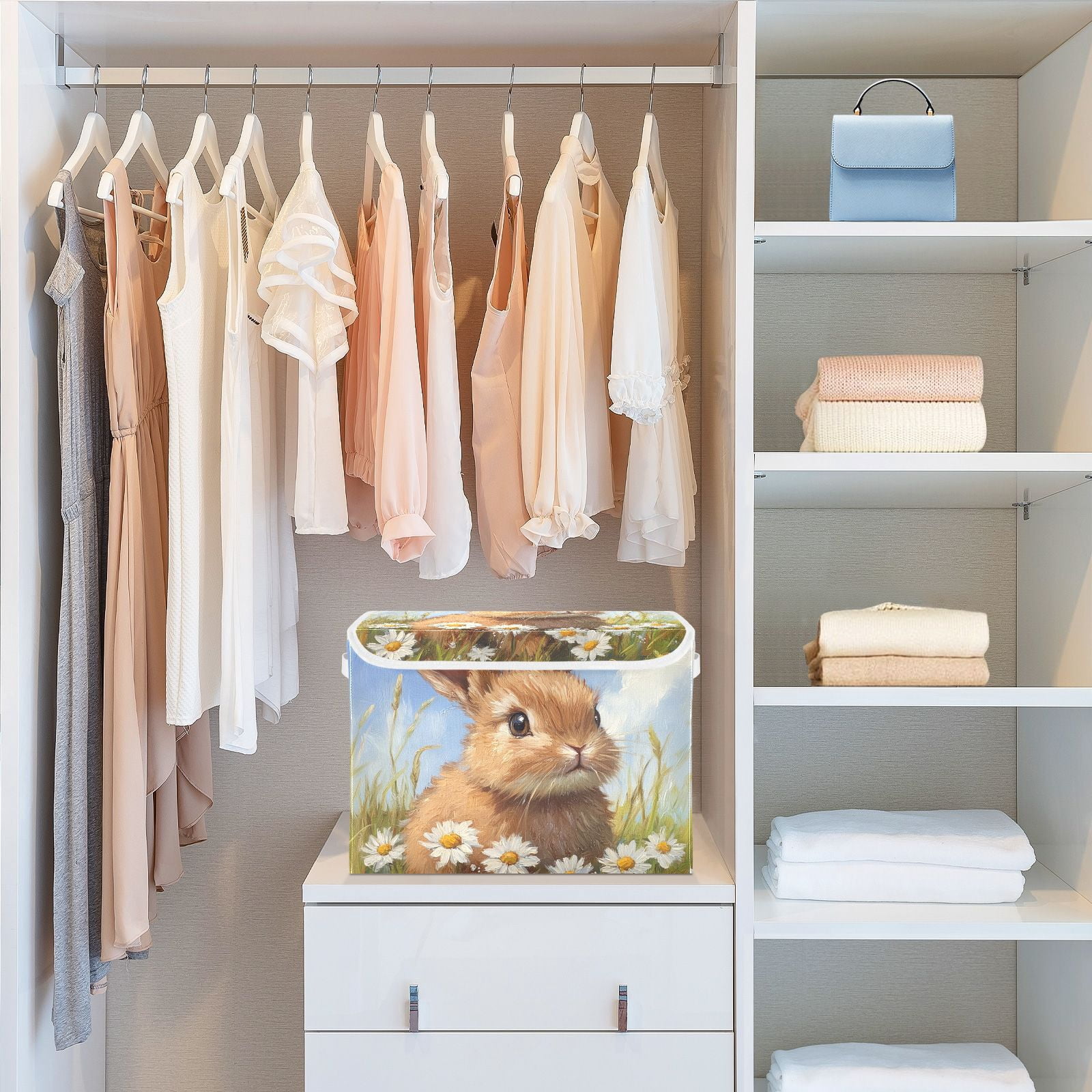 Easter Rabbit Flowers Daisy Storage Basket for Shelves Foldable Container Organizer for Organizing Toys Clothes Books with Handles