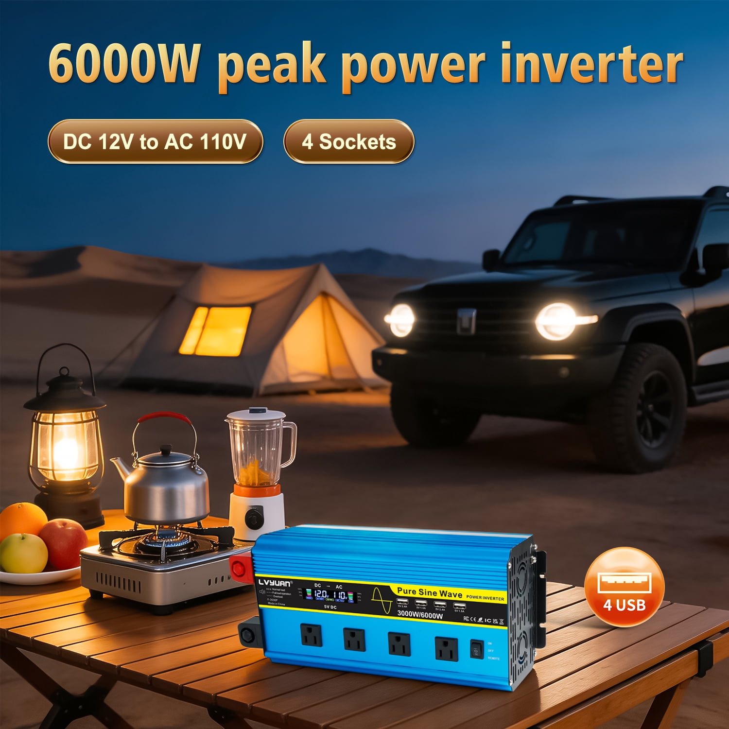 LVYUAN 3000W Pure Sine Wave Power Inverter 6000W Peak DC 12V to AC 110V Car Converter with LCD Display, Remote Control, 4 AC & 4 USB Ports, for Car, RV, Truck, Camping, Off-Grid, Home Backup Blue