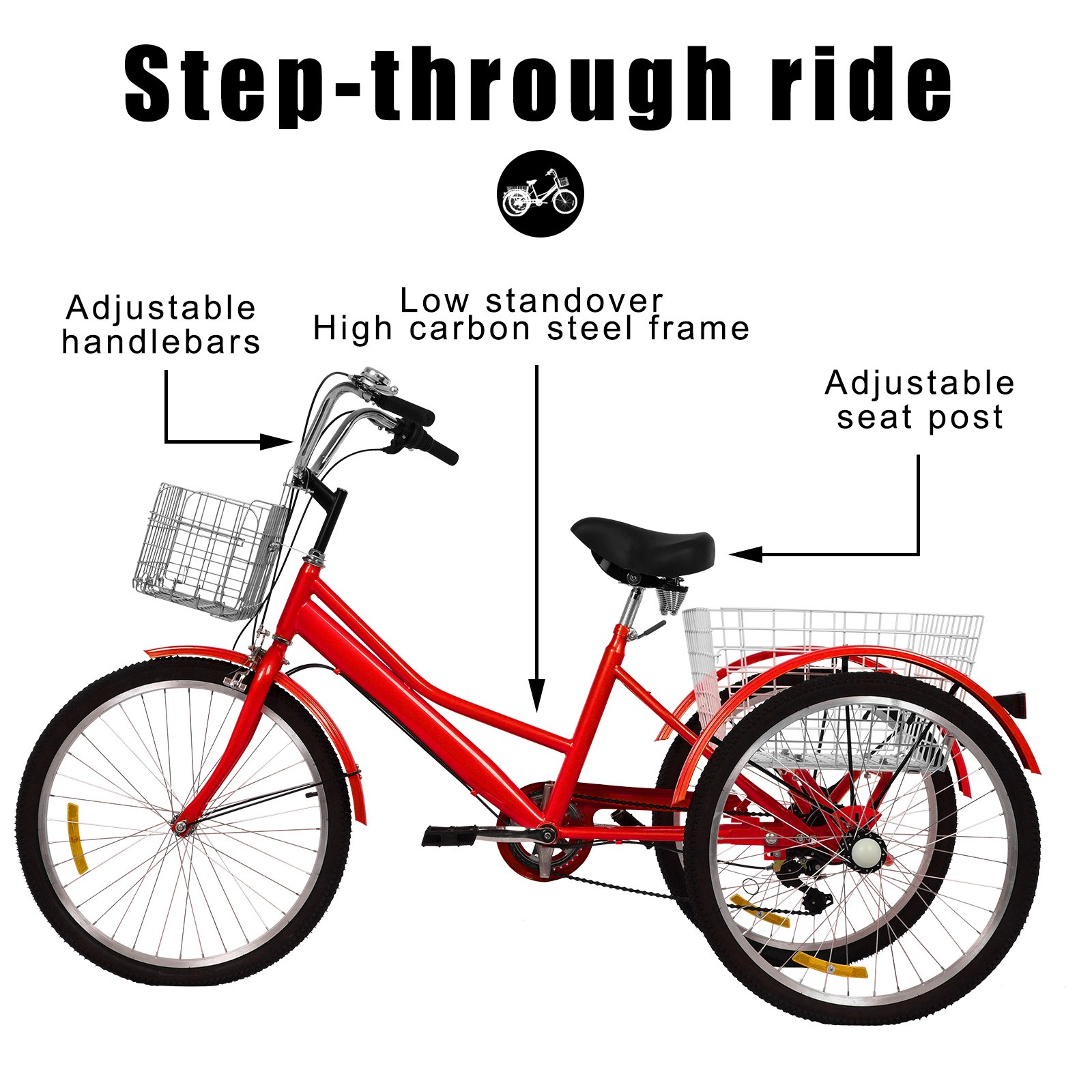 Buy 24 Three Wheel Bike with Rear Wheeled Basket, Cruiser Trike with Adjustable Seat and