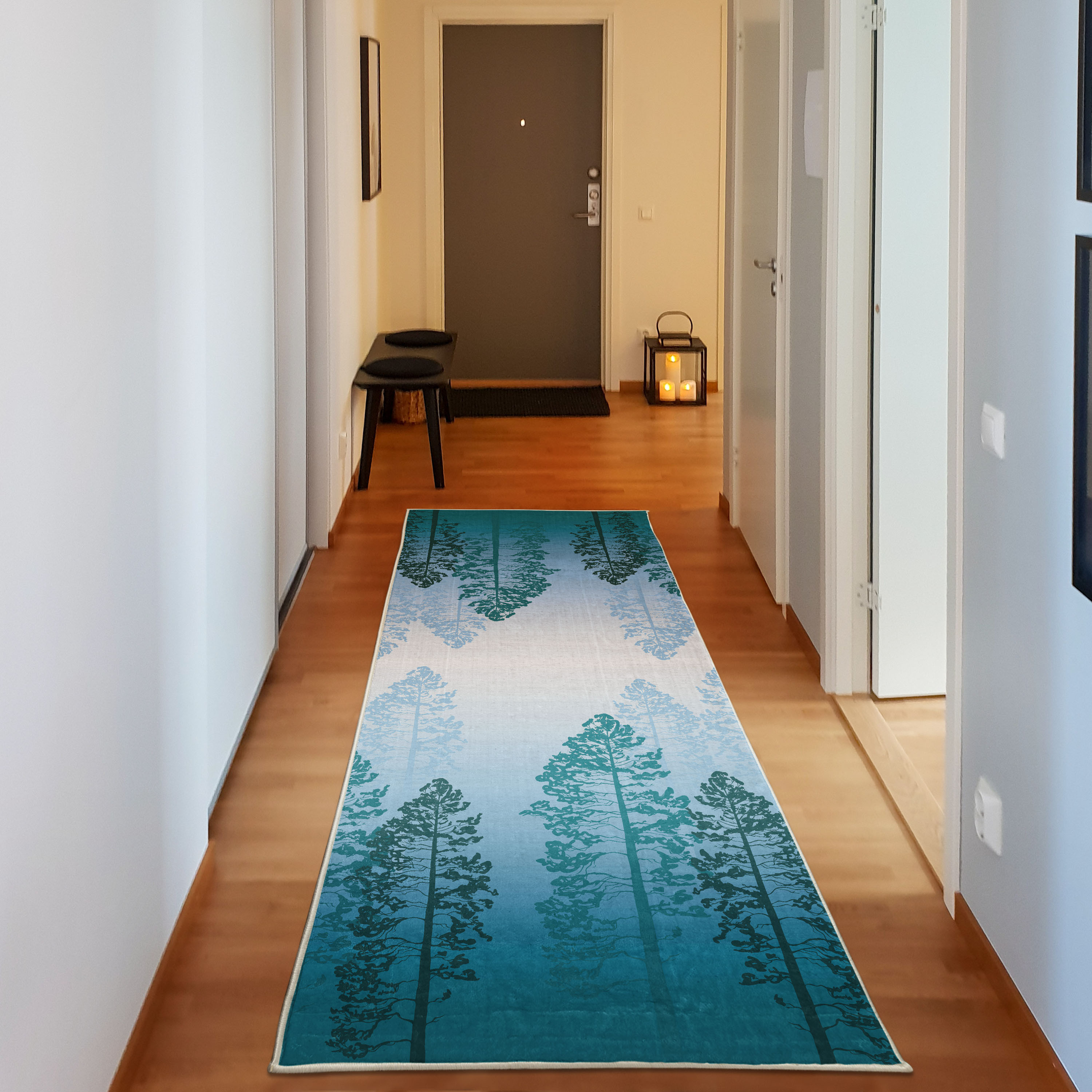 Tree Art Rug Country Decorative Rug, Pine Trees in the Forest on Foggy Seem Ombre ...