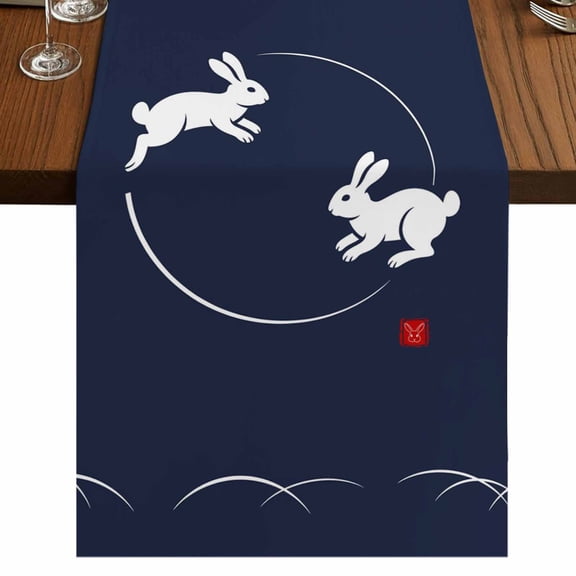 Table Runners 36 Inches Long Dress Scarves, Navy Blue Modern Farmhouse Kitchen/Dining Table Runner, Short Coffee Tablerunners, Farmhouse Rabbit Abstract Art 13x36 Inch
