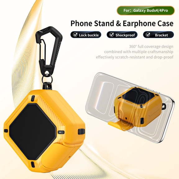 ELEHOLD Rugged Case for Samsung Galaxy Buds 4/4Pro, Full Coverage Shockproof Cover with Built-in Hidden Stand, Secure Lock design, Carabiner Clip Included,Yellow