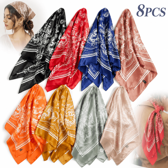 27.5 Inches Silk Head Scarf for Women Men Vintage Bandanas Satin Hair Scarf Silk Wrap Neck Square Scarves(8Pack)
